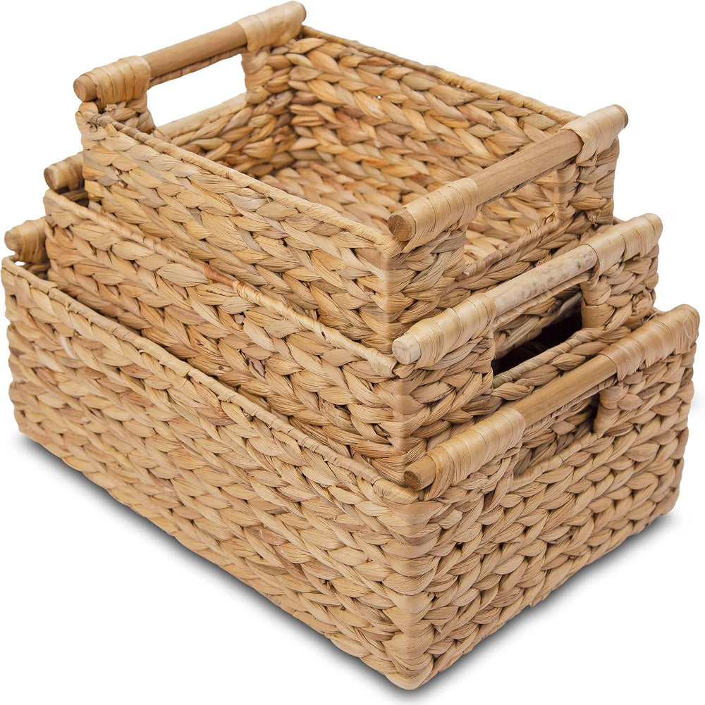 VATIMA Hyacinth Wicker Basket Set 3 size - Rectangular, Wooden Handles, Shelf...