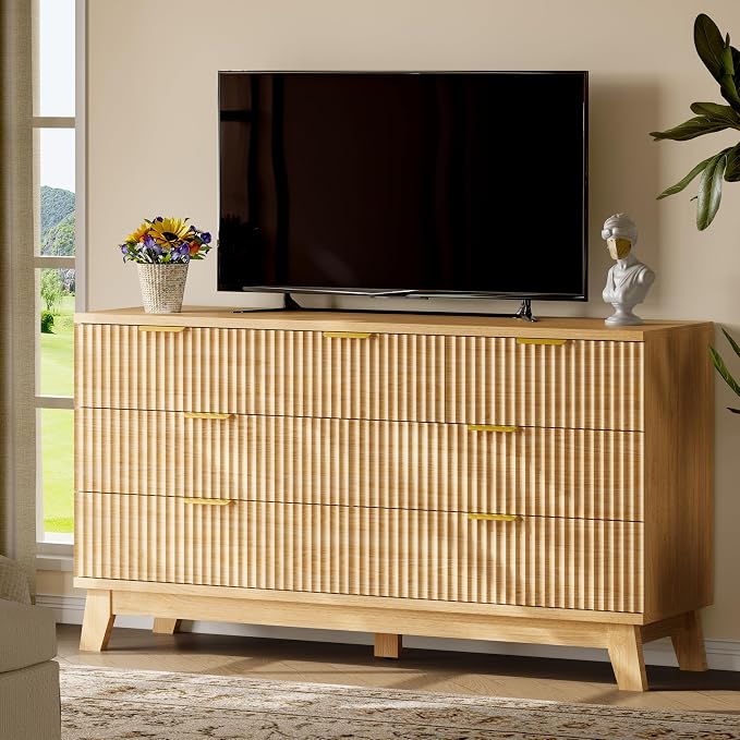 Fluted Dresser with 7 Drawers, Wooden Dresser TV Stand, Wood Closet Clothes
