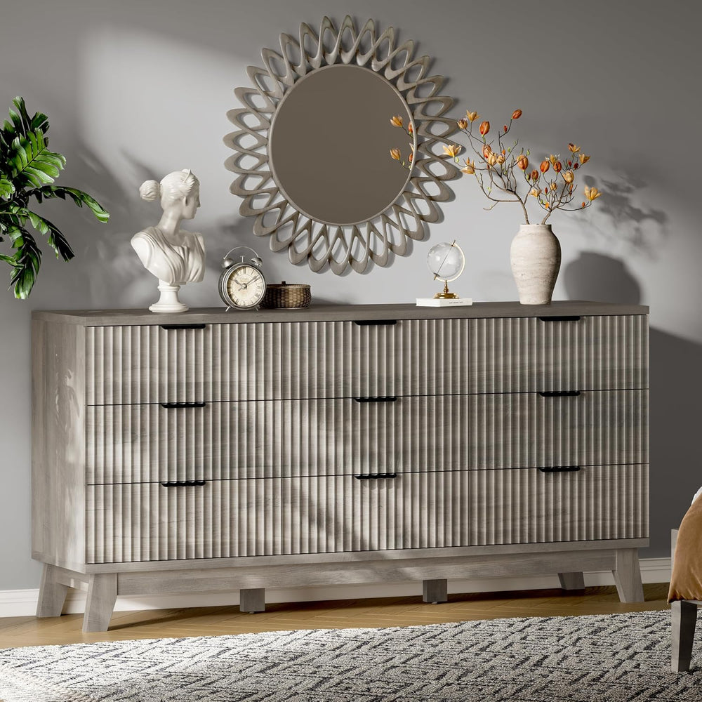 Xixini Fluted Dresser with 9 Drawers, 63" Wide Wood Chest of Drawers wit...