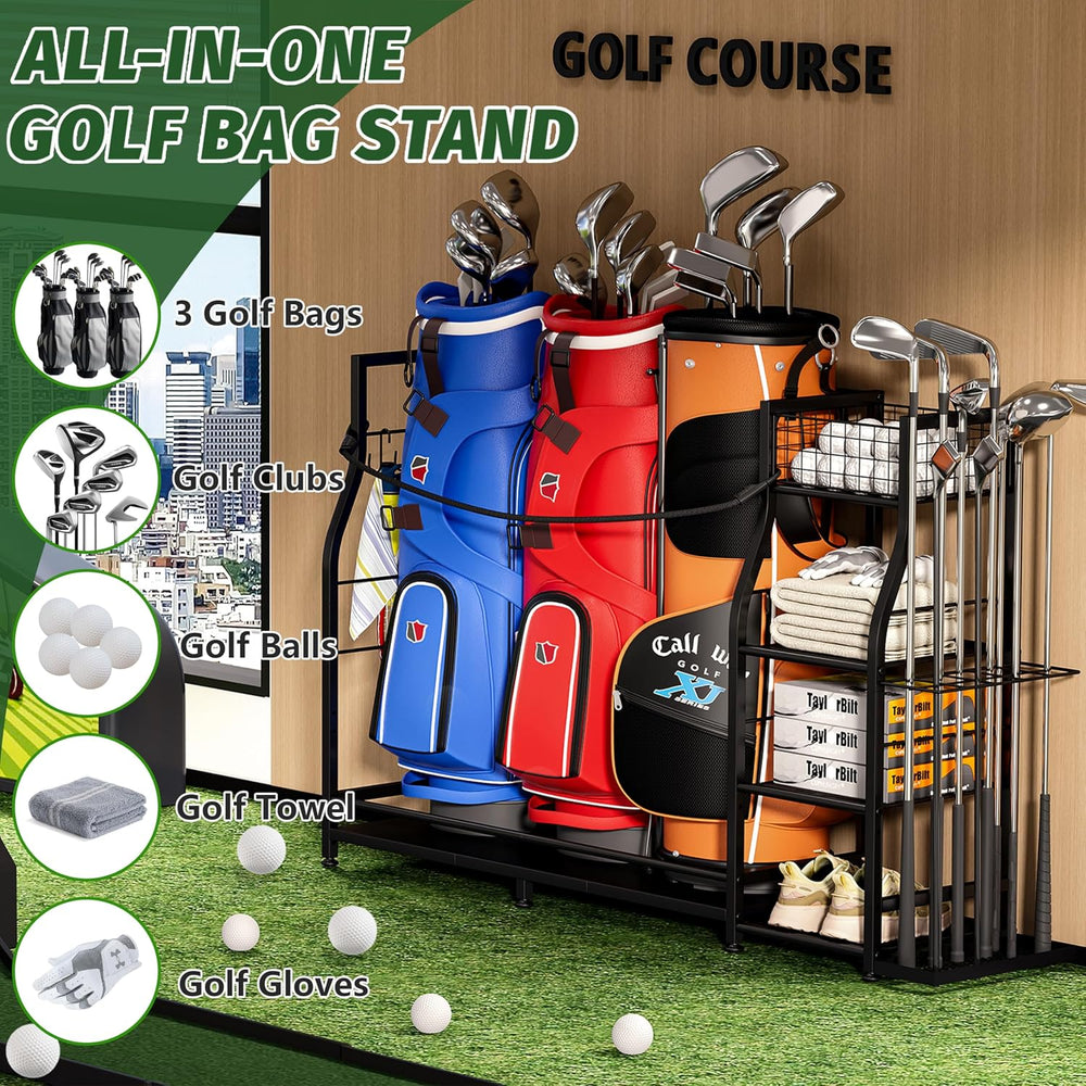 Golf Bag Stand for Golf Bag Accessories, Golf Bag Storage Organizer Fits 3 Ba...