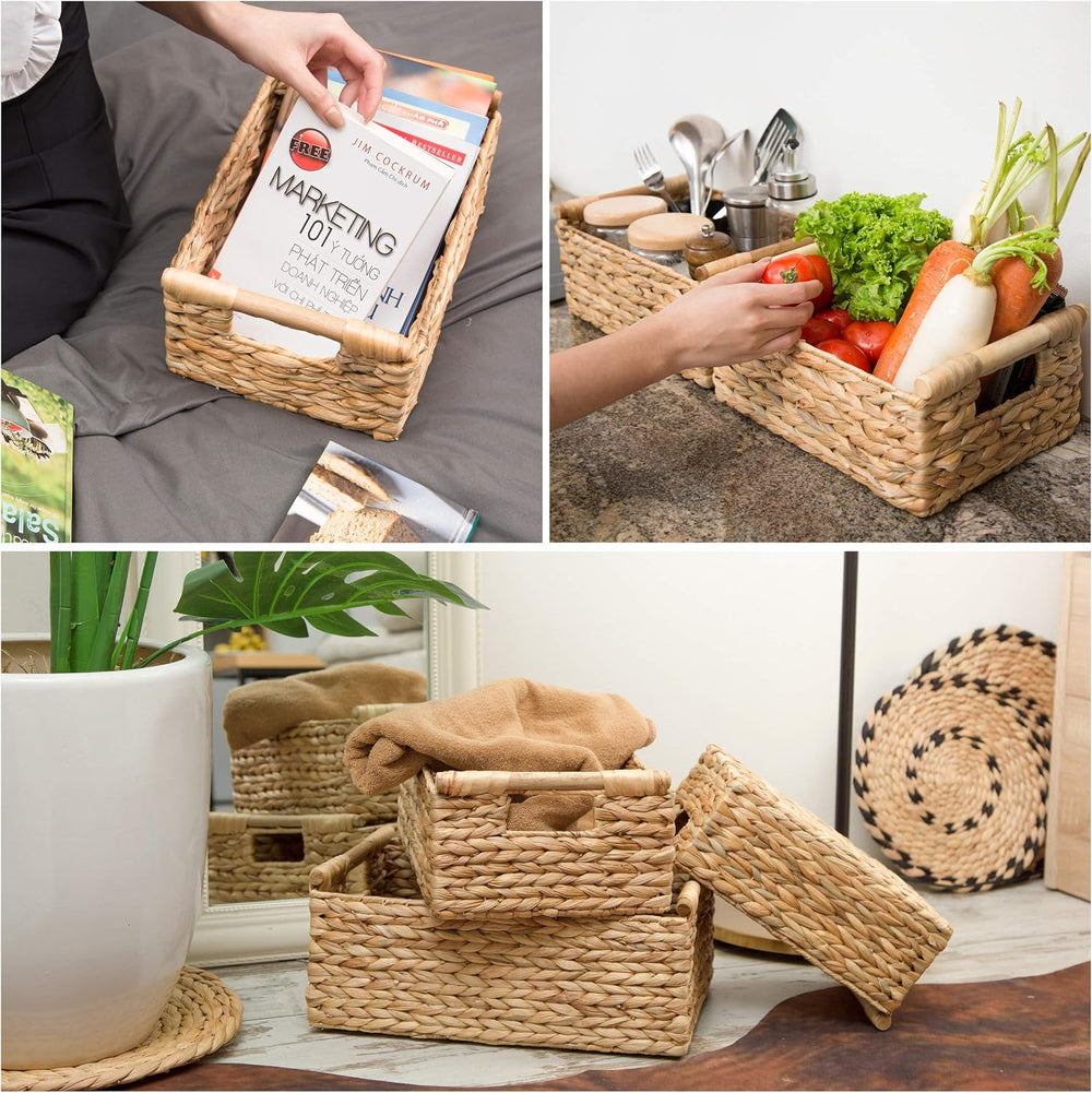 VATIMA Hyacinth Wicker Basket Set 3 size - Rectangular, Wooden Handles, Shelf...