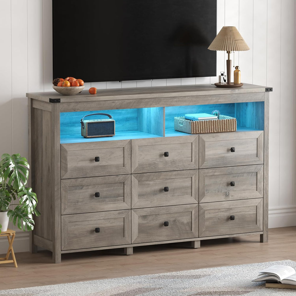 Xixini Dresser for Bedroom with 9 Drawers, LED Lights, Power Outlet, Grey