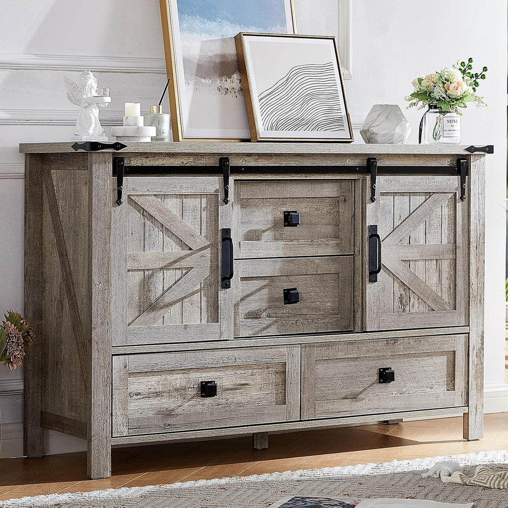 AMERLIFE 47" Farmhouse 4-Drawer Dresser with Barn Doors, Light Rustic Oak