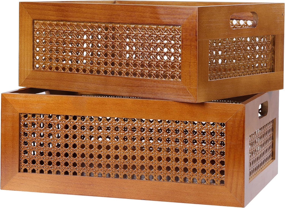 Rattan Wooden Box Set of 2 Handmade Decorative Storage Basket with Handles