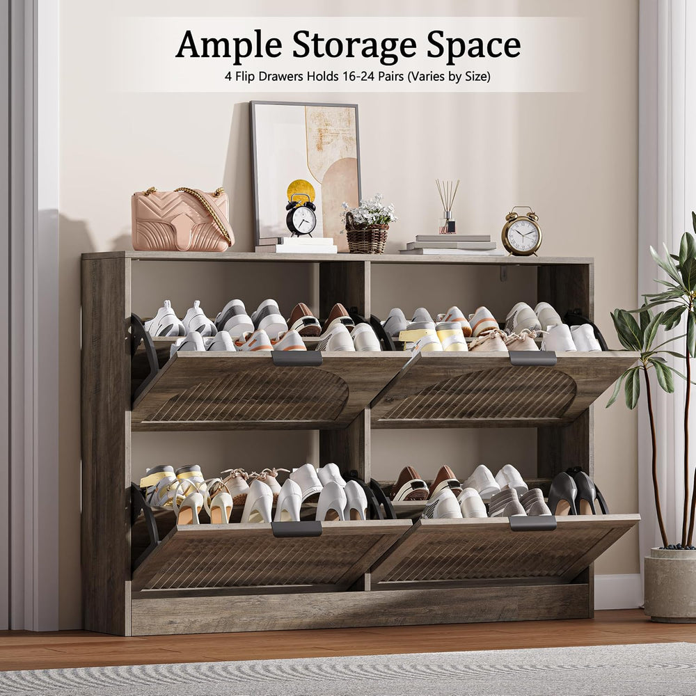 Fluted Shoe Storage Cabinet for Entryway, 4 Flip Drawers, Grey