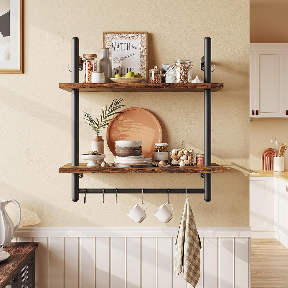 Bestier 24" 2 Tier Industrial Pipe Wall Shelf with 8 Hooks, Rustic Brown