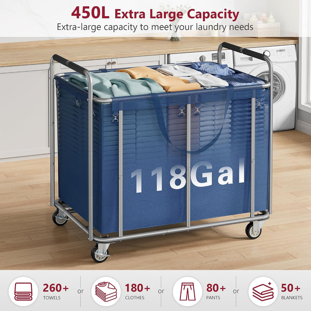 Tajsoon Heavy Duty Laundry Cart with Wheels 450L, Big Laundry Basket, Blue