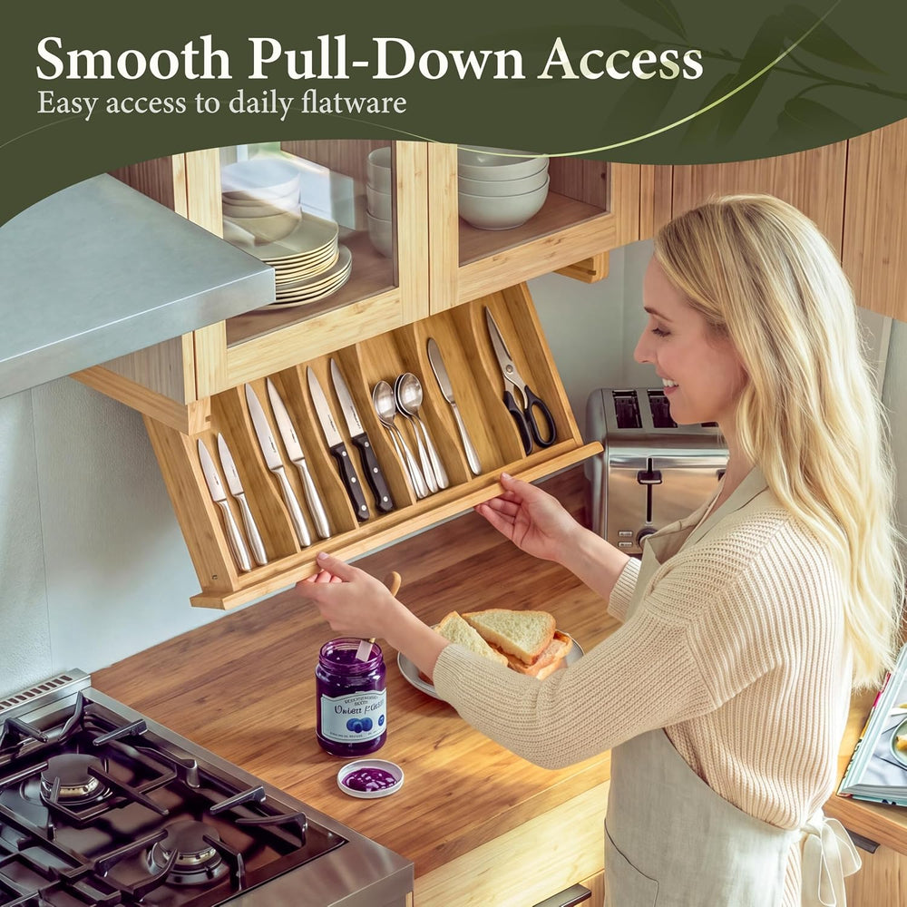 HOMESTEAD Bamboo Silverware Organizer, Under Cabinet Pull Down Storage