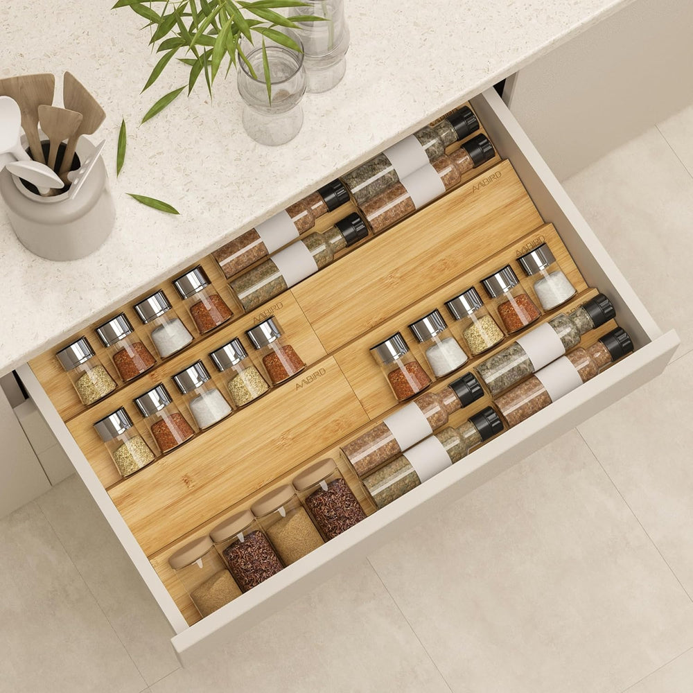 Bamboo Spice Drawer Organizer with Non-slip Mat,4 Tier - 2 Set Jar Spice Rack...