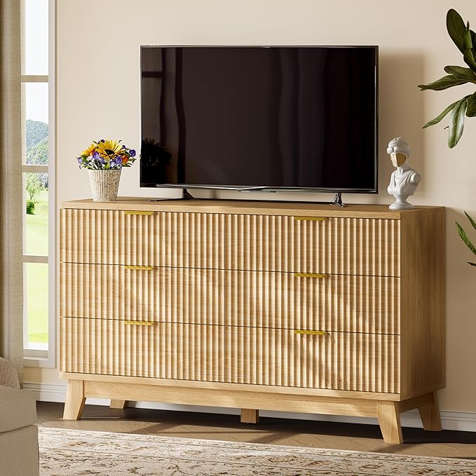 Fluted Dresser with 6 Drawers, Wooden Dresser TV Stand, Wood Closet Clothes
