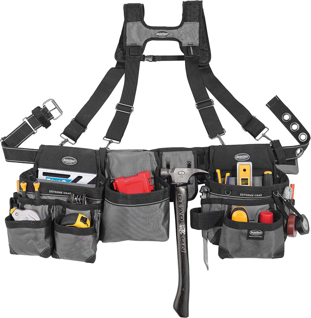 Bucket Boss Mullet Buster 3 Bag Tool Belt with Suspenders in Grey, 55135, Bla...