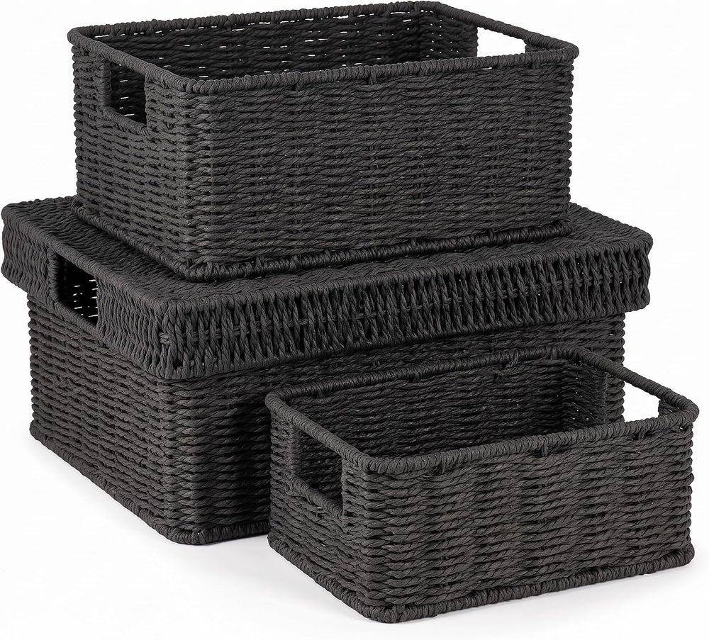 Wicker Storage Basket with Lid for Shelves, 3-Basket Set, Black