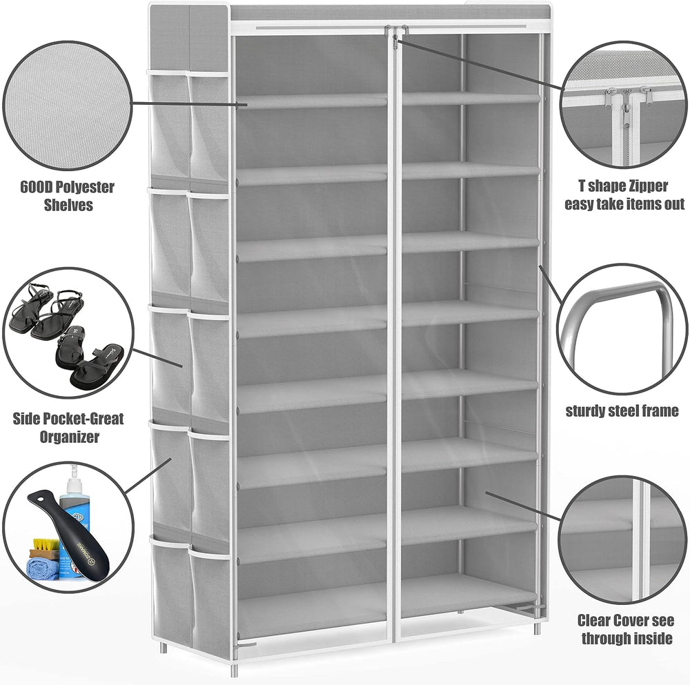 Simple Houseware 8 Tiers Shoe Rack w/Zipper Cover & Hanging Pockets, Gray