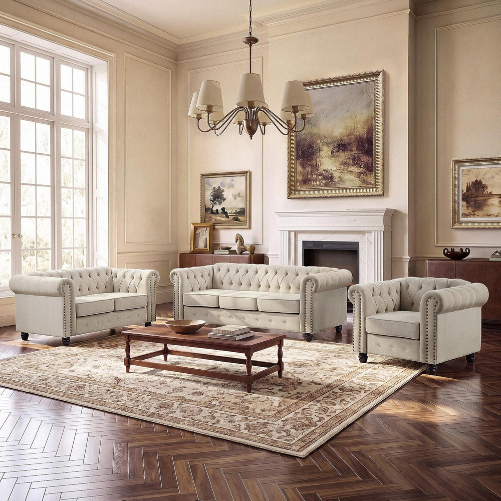 Morden Fort 3 Piece Classic Chesterfield 6-Seater Set, Tufted Chair & Lov...