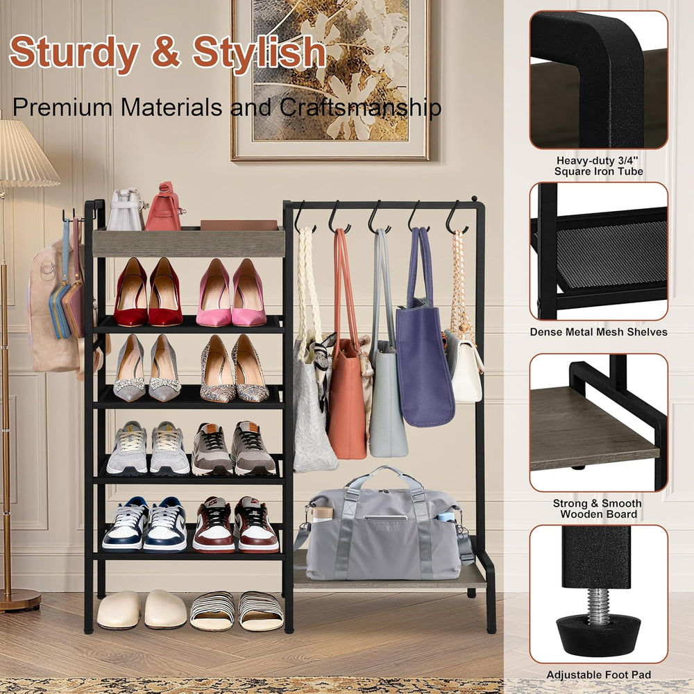 2-in-1 Shoe and Purse Rack, 5-Tier Shoe Rack with Wooden Tray & 7 Hooks, ...