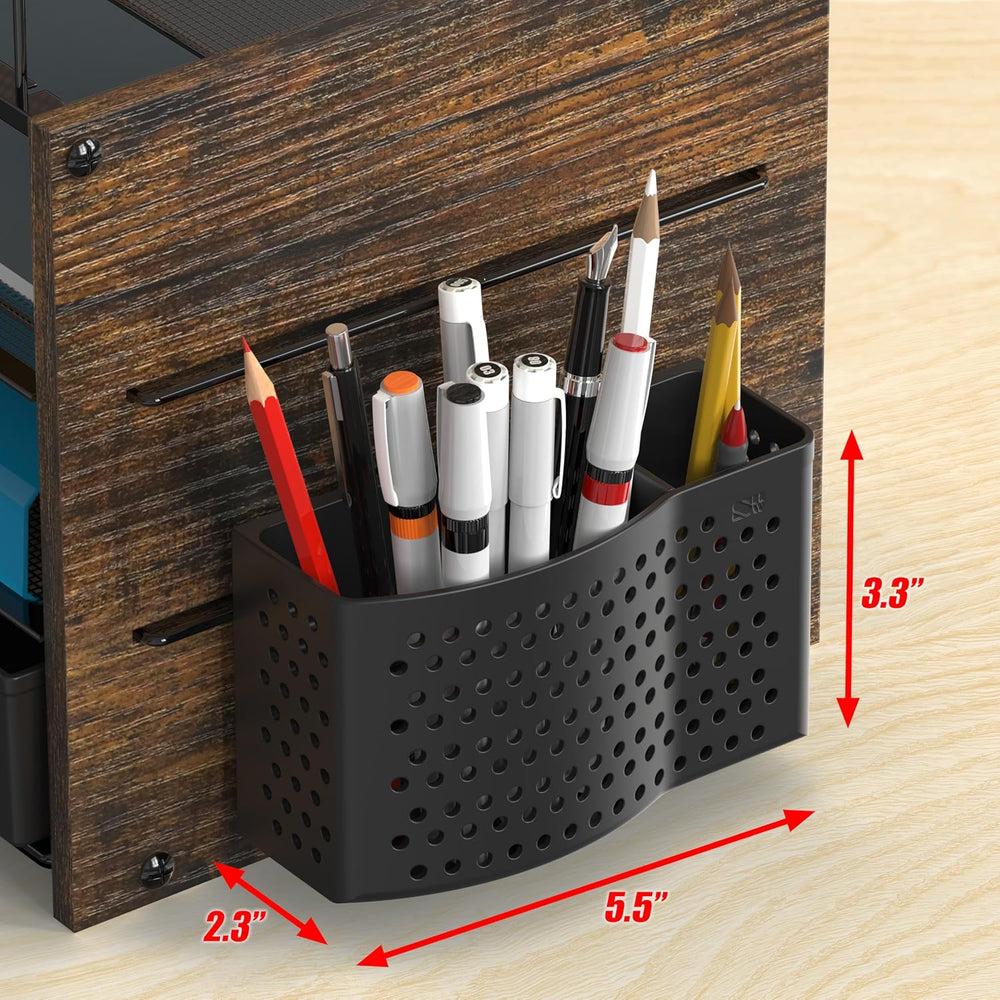 Simple Houseware Mesh Desk Organizer with Wooden Side Board, Rustic Brown