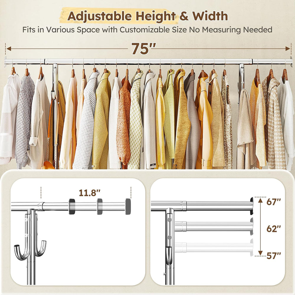 Raybee 75" Wide Clothes Rack with 4 Extra Hooks Heavy Duty Clothes Rack