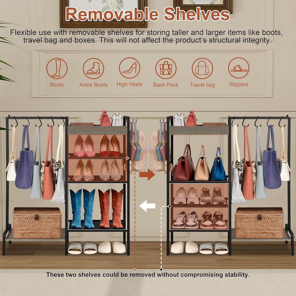 2-in-1 Shoe and Purse Rack, 5-Tier Shoe Rack with Wooden Tray & 7 Hooks, ...
