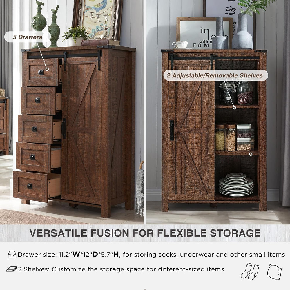 T4TREAM 5 Drawers Dresser with Sliding Barn Doors, Reclaimed Barnwood