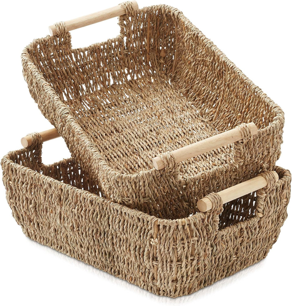 Casafield Set of 2 Seagrass Oval Storage Baskets with Wooden Handles - Large,...