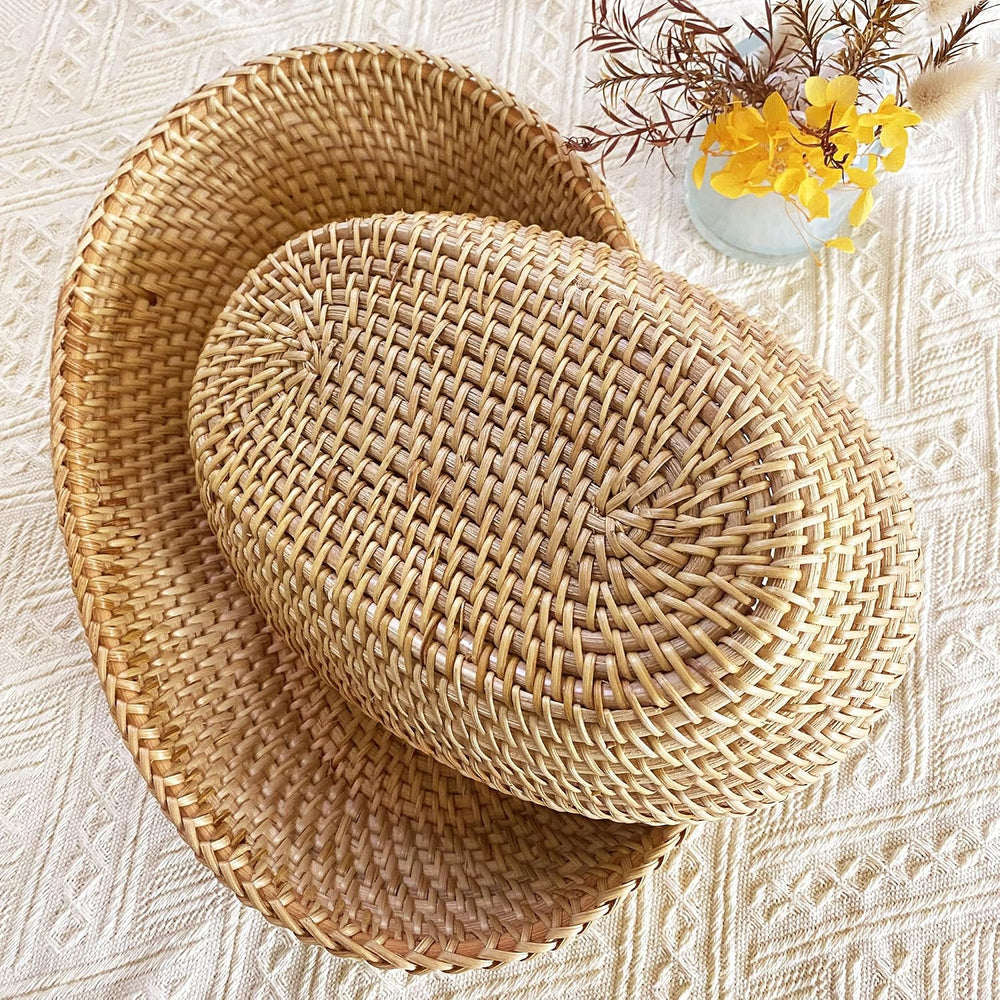 i-lan 2-Pack Oval Rattan Bread Baskets, 12 & 15 Inch Wicker Serving Set