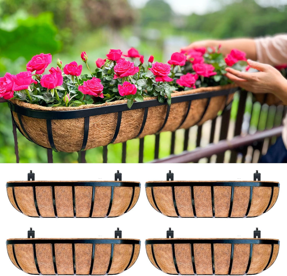 LaLaGreen Railing Planter Box (24 Inch, 4 Pack) Black Metal Rectangular Hangi...