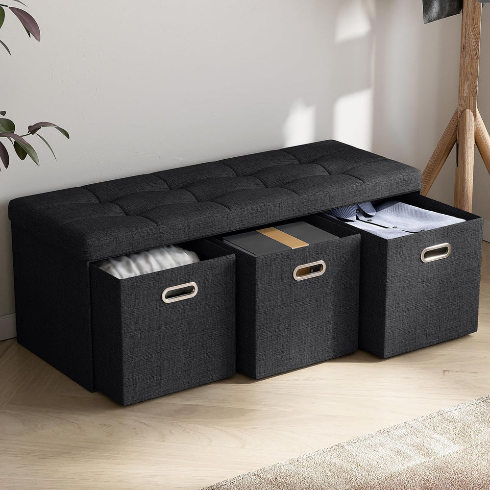 Ornavo Home 40 Inch Storage Ottoman with 3 Drawers, Tufted Linen, Black