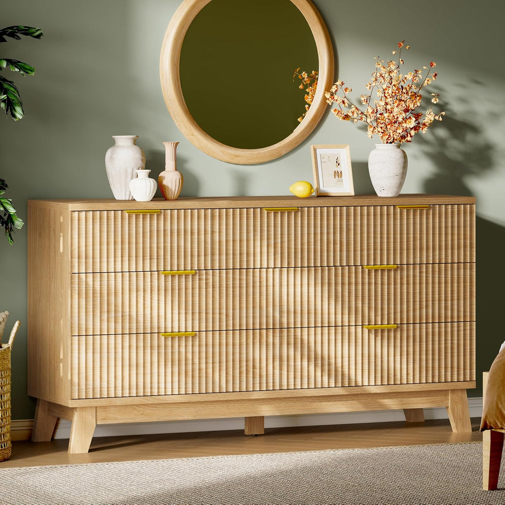 Fluted Dresser with 7 Drawers, Wooden Dresser TV Stand, Wood Closet Clothes