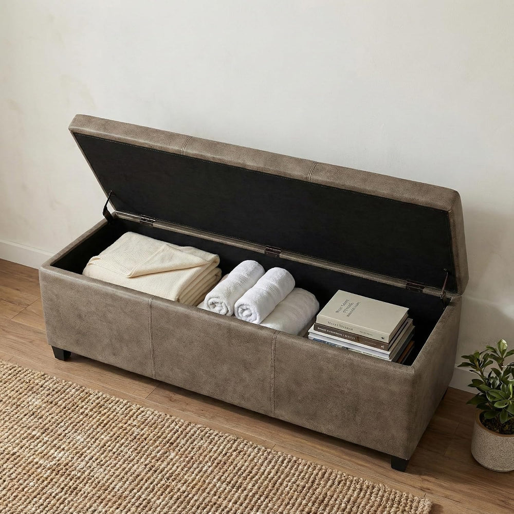 SIMPLIHOME Avalon 48" Wide Vegan Leather Storage Ottoman in Grey Brown