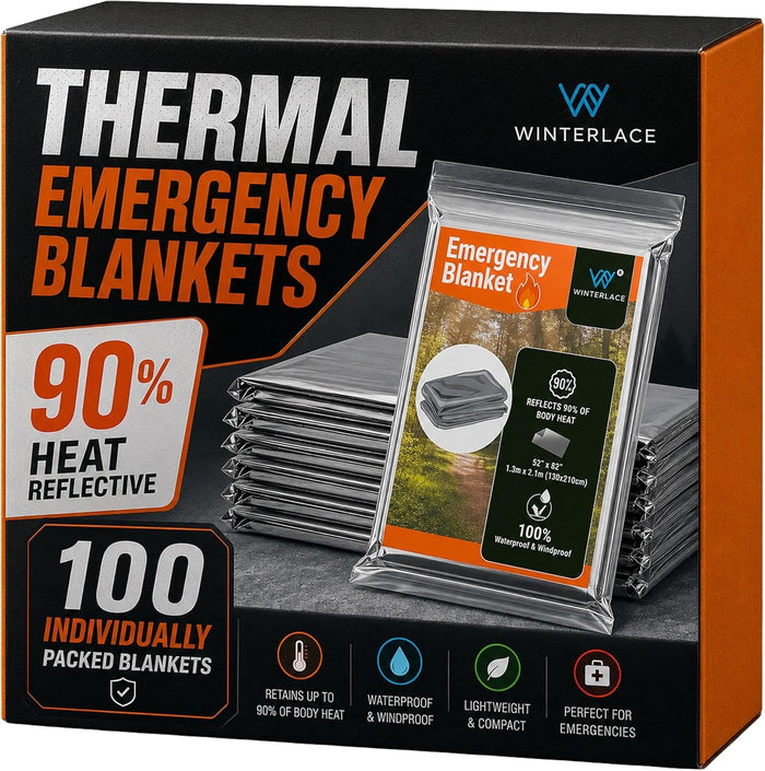 Winterlace Emergency Blankets 50-Pack (52” x 82”) Thermal Mylar Survival Rescue Camping Heat Reflective (100)