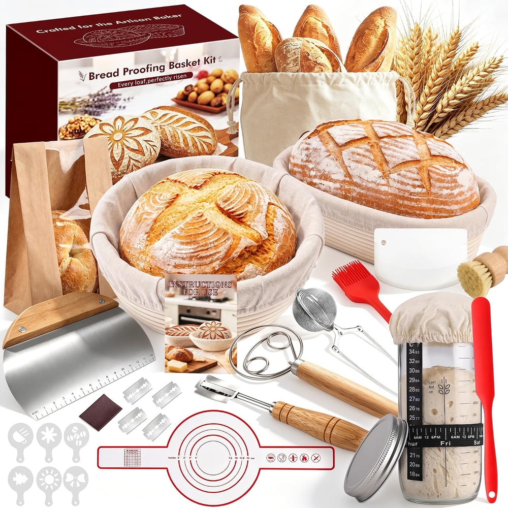 Sourdough Starter Kit with Rattan Banneton Baskets, Jars, Baking Tools