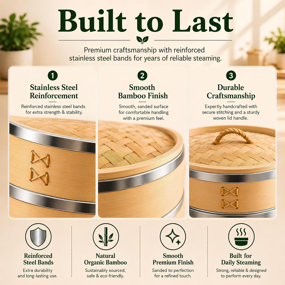 Naturaceutica's Bamboo Steamer Basket 10 Inch With Ring, 2 Tier Dumpling ...