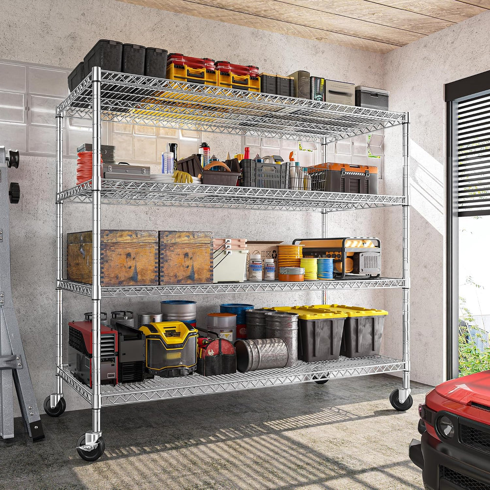 REIBII Set of 2 Storage Shelves Metal Shelving with Wheels,Adjustable Wire Sh...