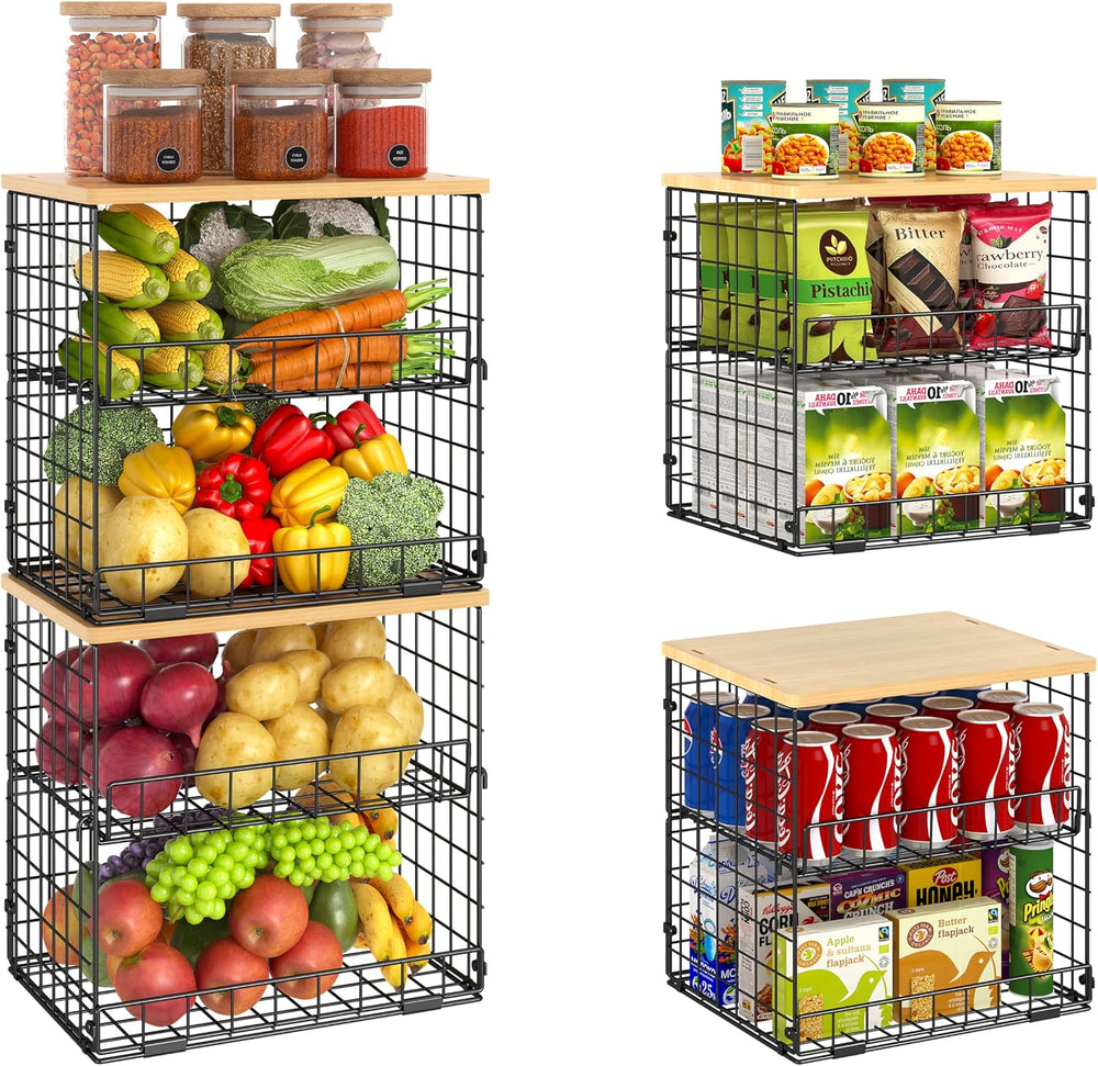 4 Pack Stackable Wire Baskets for Pantry Organizers and Storage, Pantry Baske...