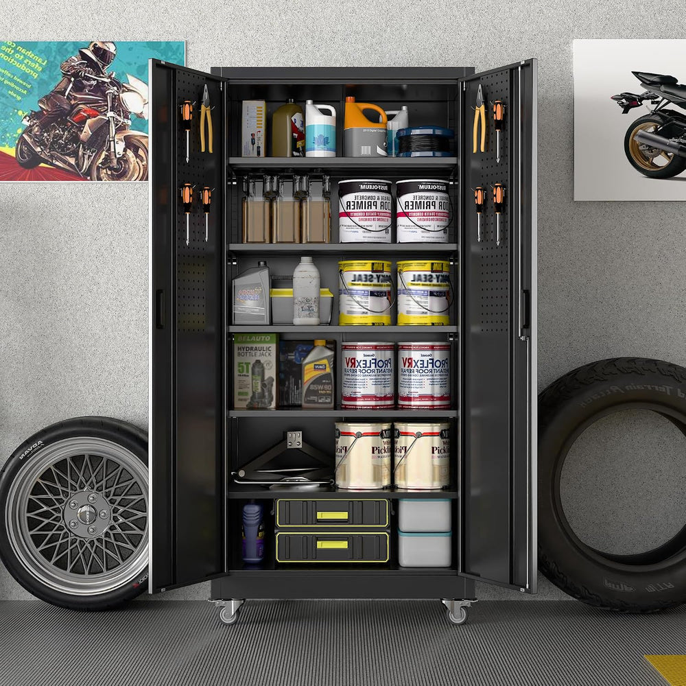 Reemoon Metal Storage Cabinet with Wheels and Pegboard, 71 in, Black