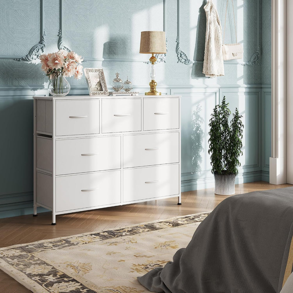 WLIVE Dresser for Bedroom, 7 Drawers, TV Stand, White