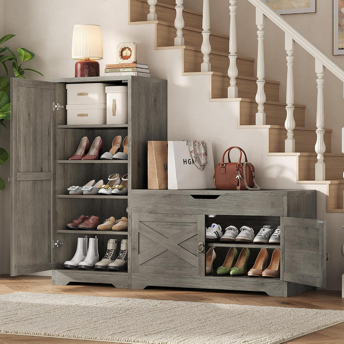 47'' Shoe Storage Bench, 7-Tier Storage Bench, L-Shaped Entryway Bench with Adjustable Shelves, Hidden Lift Top Storage Seat and 0.7'' Top Panel for Hallway Living Room, Grey