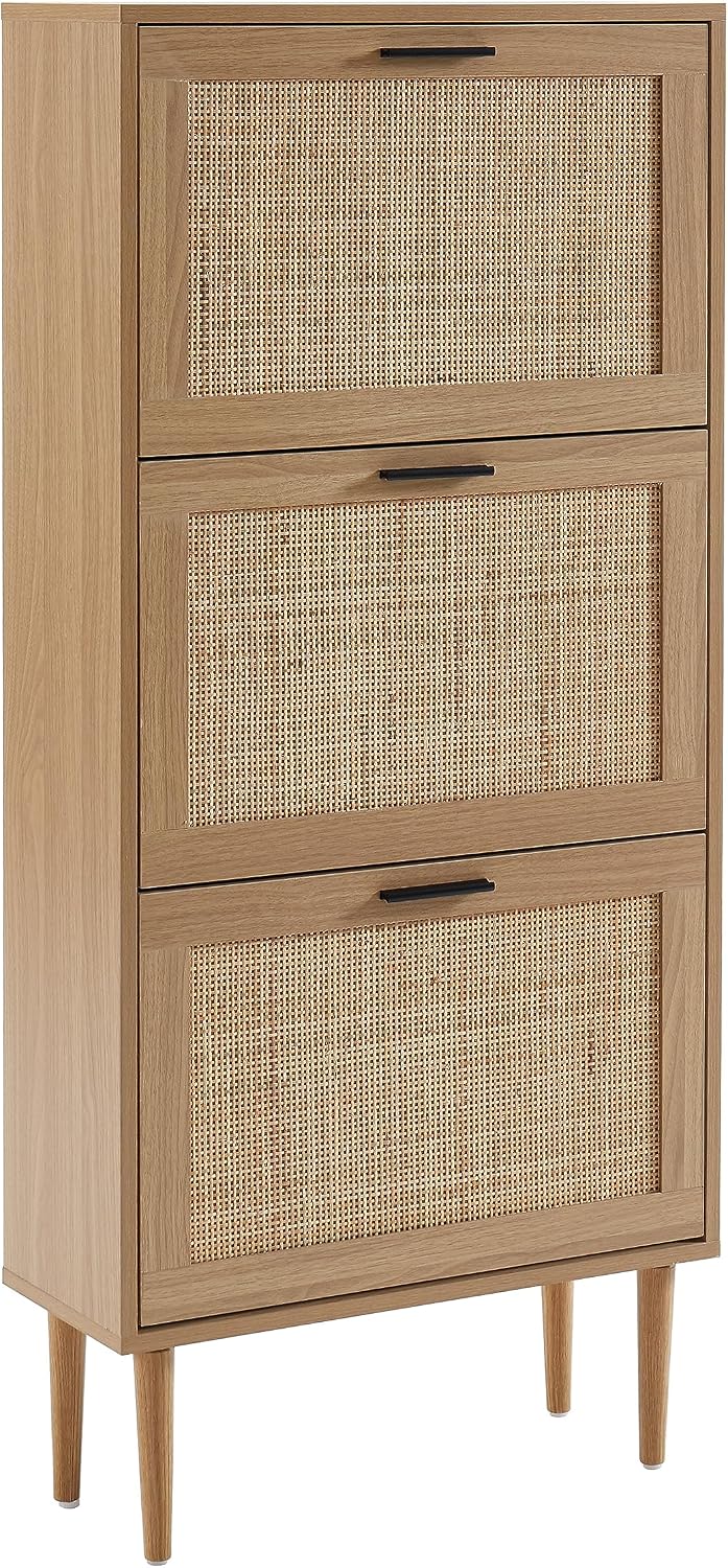 BAÏTA - Amana Shoe Cabinet Oak Effect and Rattan Cane 60 cm