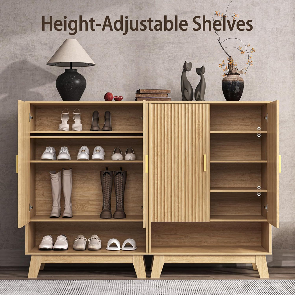 4-Tier Fluted Shoe Cabinet with 2 Doors & Open Shelf, Mid Century Modern ...