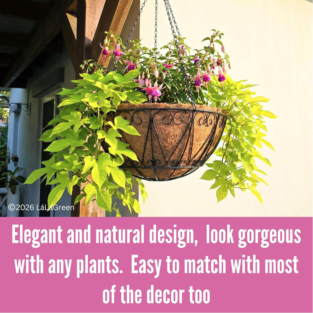 LaLaGreen Hanging Baskets (20 in, 4 Pack) Black Metal Flower Pots with Hook