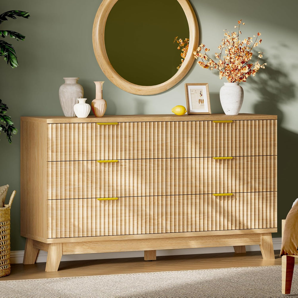 Fluted Dresser with 6 Drawers, Wooden Dresser TV Stand, Wood Closet Clothes