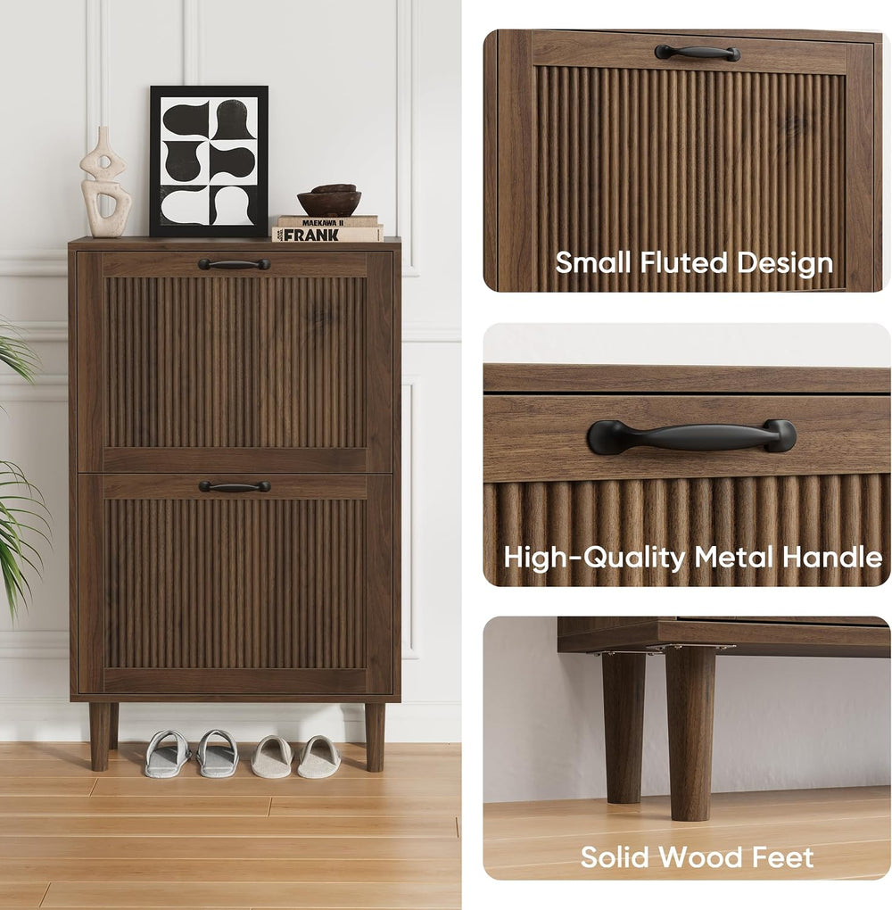 Smuxee Walnut Shoe Cabinet with 2 Flip Drawers, 23.6" Hidden Shoe Storag...
