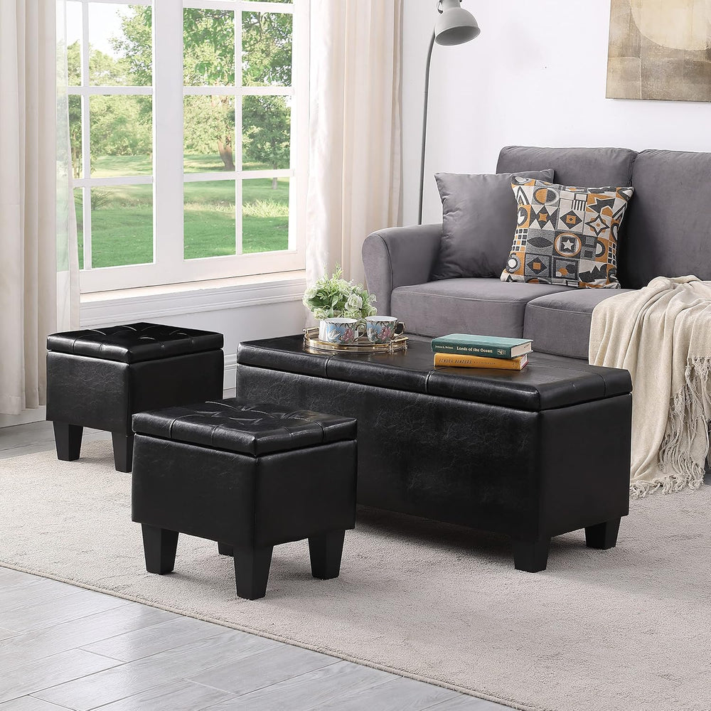 PU Leather Storage Ottomans Set of 3, Tufted Upholstered, Black