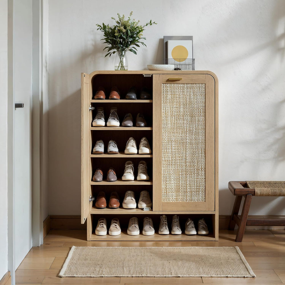 Evermagin 41 Inch Rattan Shoe Storage Cabinet Holds 24 Pairs, Natural Oak