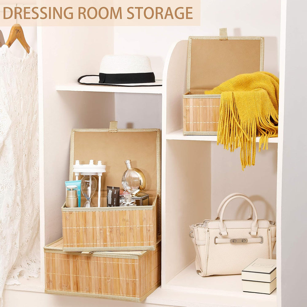 Bamboo Decorative Storage Boxes - Set of 3 Woven Lined Storage Basket with Li...