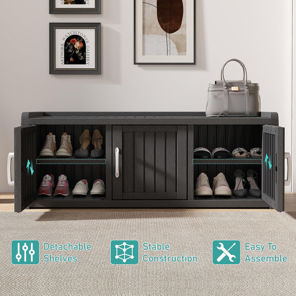 2-Tier Storage Bench, Waterproof UV-Resistant Outdoor Shoe Storage Cabinet wi...