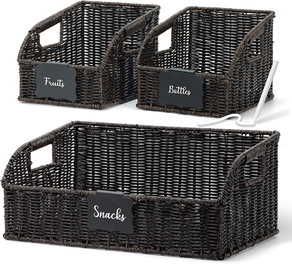 Brownlily Faux Wicker Pantry Storage Baskets, Black-Single Set (3-Piece)