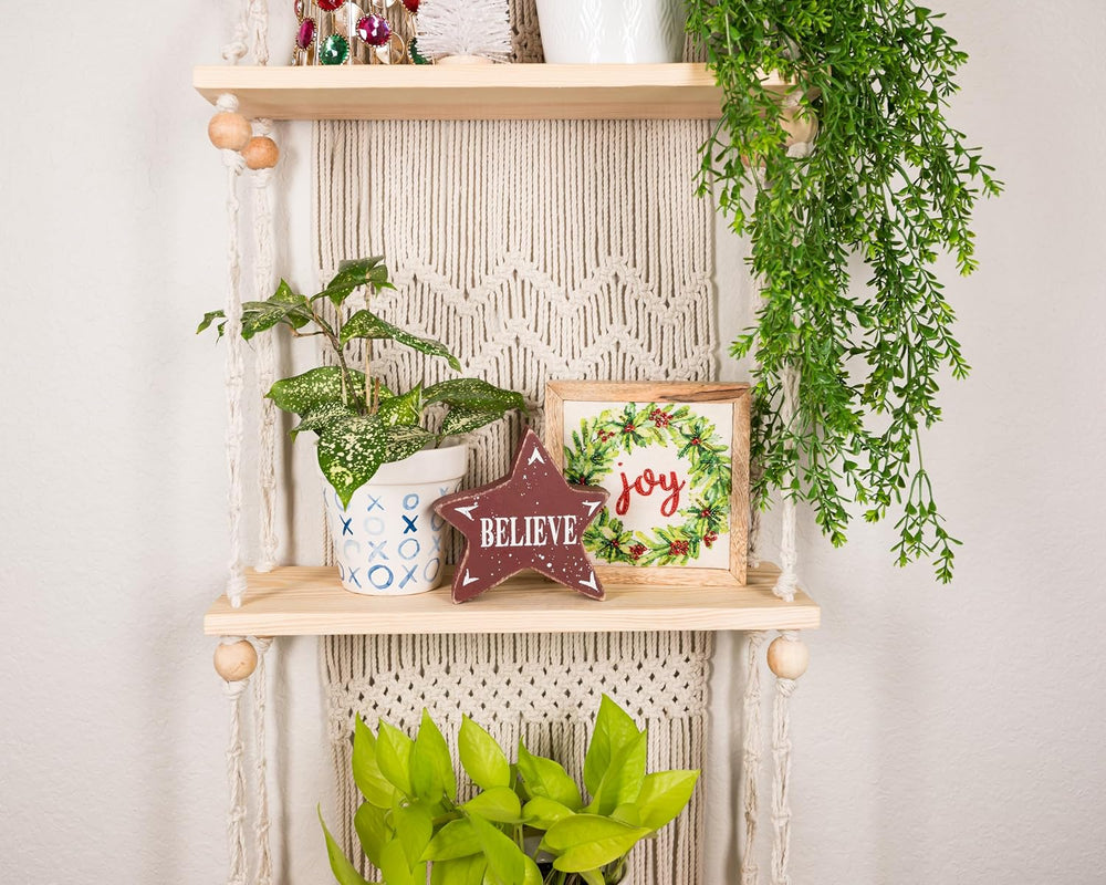 SnugLife Macrame Wall Hanging Shelf - 3 Tier Wall Plant Hanger Shelves with H...