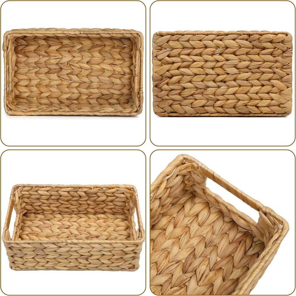 4 Small 3.6 QT Water Hyacinth Wicker Baskets for Shelves, 10" Long Woven...