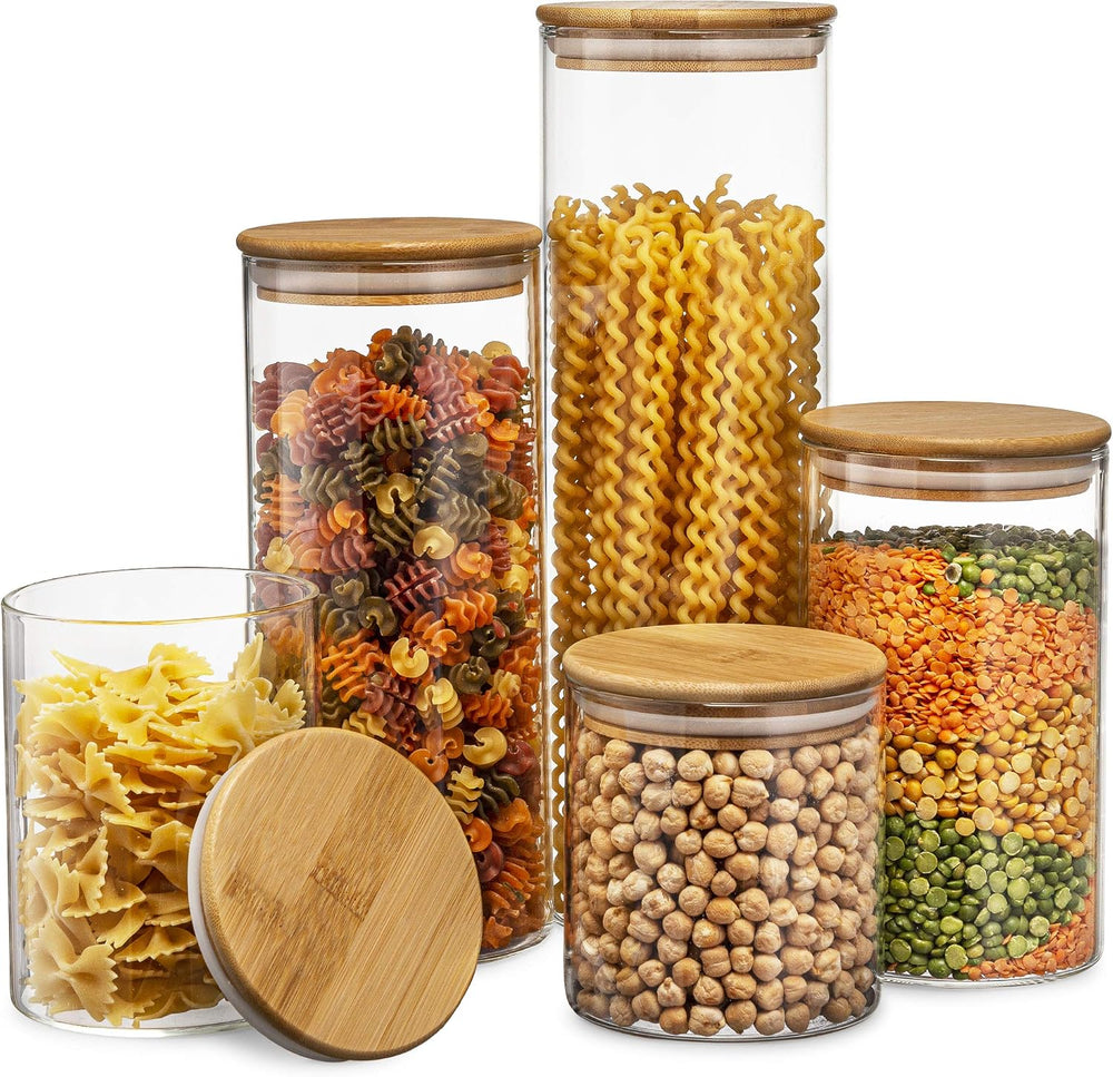 Set of 5 Glass Kitchen Canisters with Airtight Bamboo Lid - Glass Storage Jar...